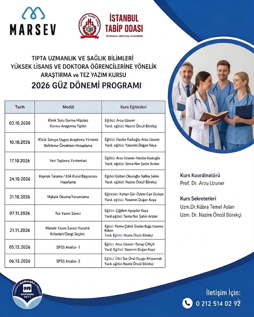 Tıpta Uzmanlık ve Sağlık Bilimleri Yüksek Lisans ve Doktora Öğrencilerine Yönelik Araştırma ve Tez Yazım Kursu (2026 Güz Dönemi Programı)